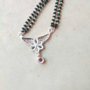 PureSilver Single Line Green&amp;Pink Stone Mangalsutr