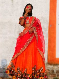 Orange Lehanga With Kathiyawadi Lace