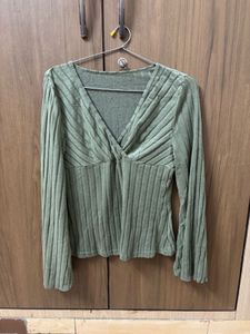 Scoop Neck Green Long Sleeve Woolen Pullover Top