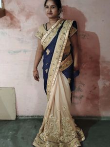 2 Color Saree. Navy Blue and Cream Saree