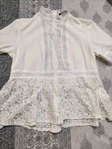 Zara Women White Floral Lace Peplum Style Top