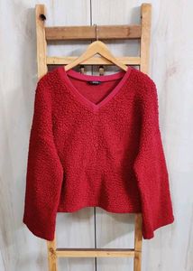 Red V-Neck woolen Plush Top size-42