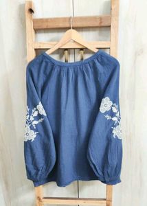 Blue Embroidered Peasant Top size-46