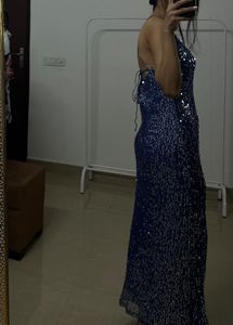 Backless Blue Sequins Strap Slit Midi Dress