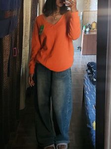 Orange V-Neck Knit Sweater