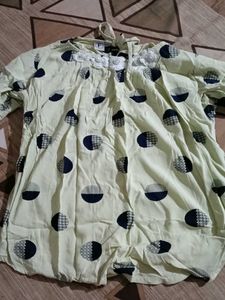 Stylish Cream and Blue Dot Top with Flower Design