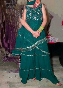 Emerald Green Skirt, Dupatta with Gold Lace