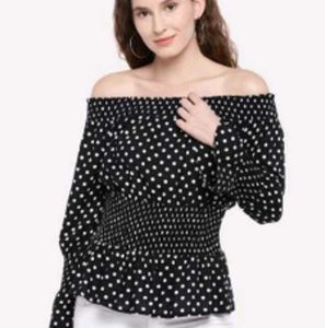 Polka Dot Long Sleeve off Shoulder Top