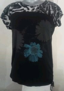 Black Printed Floral Tee, 32", Used Sparingly