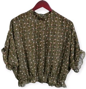 Olive Green Patterned Ruffle Sleeve Blouse