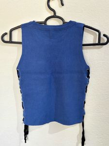 Trendy Blue Knit Sleeveless Top with Side Tie