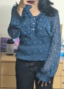 Elegant Navy Blue Floral Sheer Top – Size L