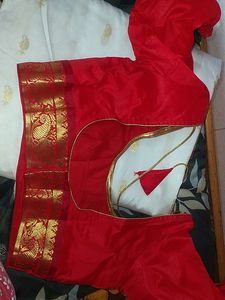White Saree &amp; Red Border With Stitched Blouse