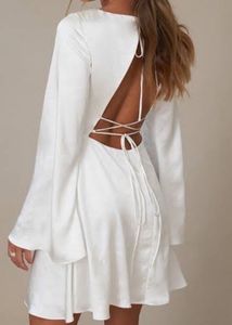 White Long Sleeve Fit &amp; Flare Backless Dress
