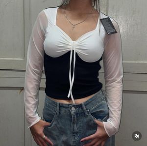 Mesh Sleeve Ruched Crop Top