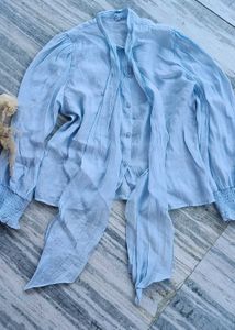 Light Blue Tie Neck Top