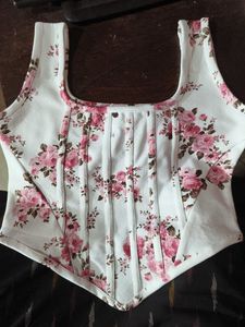 Corset Illusion Fitted Bustier Pink White Rose Top
