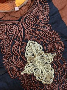 Women Brown Embroidered Cotton Mix Kurta