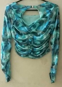 Blue Print Ruched Long Sleeve  Mesh Top