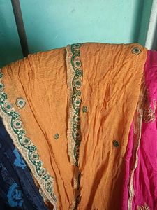 3  Dupattas Yellow 🟡  💙 Blue. 🩷 Pink Dupatta