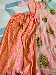 Peach Long Kurta With Work Dupatta Pant Set