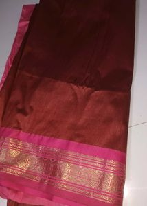 Elegant Maroon Silk Saree with Pink Zari Border