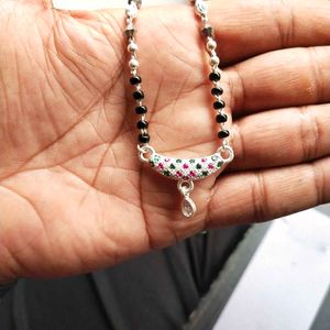Pure Silver Beautiful Green &amp; Pink CZ Mangalsutra