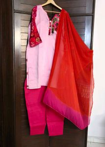 Women Pink Chanderi Cotton Thread Work Suit Set