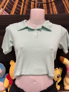 Mint Ribbed Polo Crop Top
