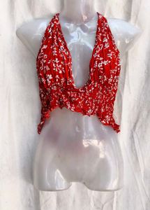 4151. Red Floral Halter Crop Top