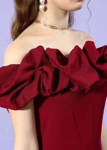 Maroon Off Shoulder Solid Scrunchie Sheath Dress