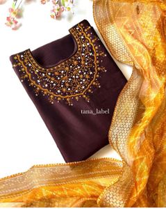 Brown hand work Kurti with bhandhini duppata