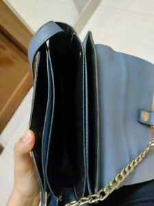 Blue &amp; Beige Statement Sling Bag with Chain Detail