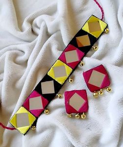 Mirror Work Choker Necklace With Earrings