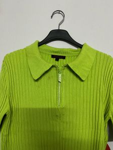 Green Ribbed Knit Zip-Up Top