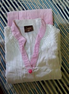 Pink & White Embroidered Kurti Set