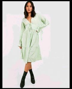 Boho Sage Green Tie-Front Midi Dress ❤️