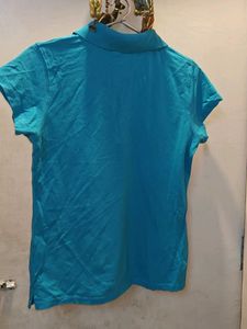 Blue Polo Neck Cotton T-Shirt | Women