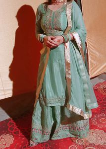 Stitched Embroidered Green Plazo Suit With Dupatta