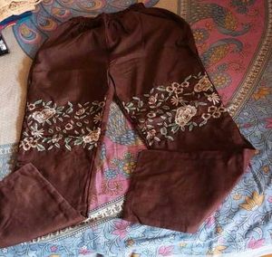 Brown Floral Embroidered Pant Set