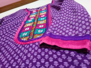 Purple Cotton Printed Kurta with Embroidered Yoke