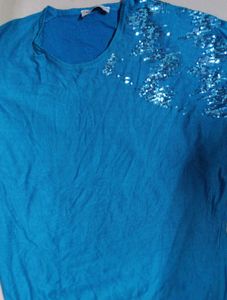 Blue Sequin Embellished Knit Top