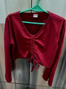 Red Ruched Long Sleeve Crop Top