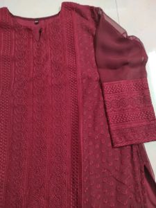 Maroon Chikankari Kurta With Net Sleeves