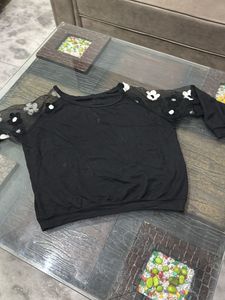 Elegant Black Top With Floral Embroidery Wit Net