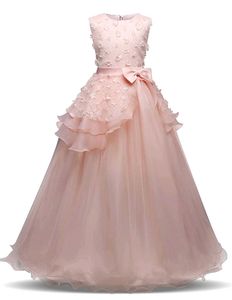 Peach Embellished Girls Dreamy Ball Gown