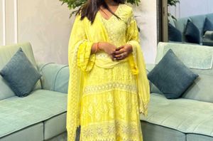 Lime Anarkali Dupatta Pant & Suit Set