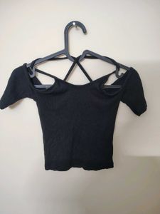 Black Cold Shoulder, Ribbed Cross Cros Back Top