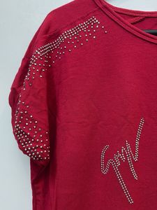 Red Embellished Women's T-Shirt