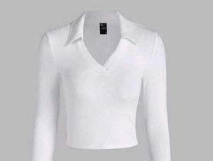 White Ribbed collared Long Sleeve crop Top
